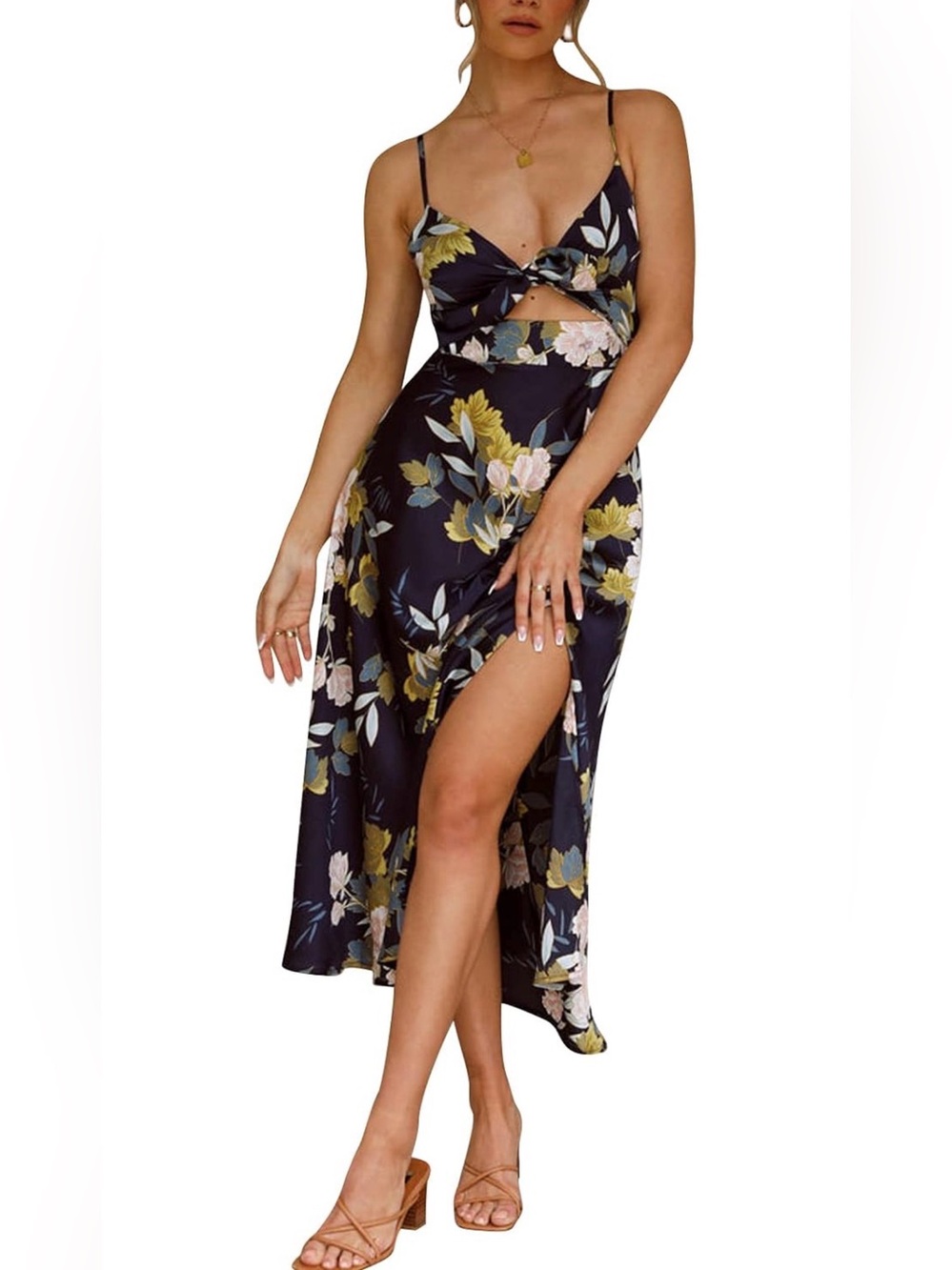 Women Spaghetti Strap Midi Satin Dresses Tie Front Backless Slit Cutout Dress